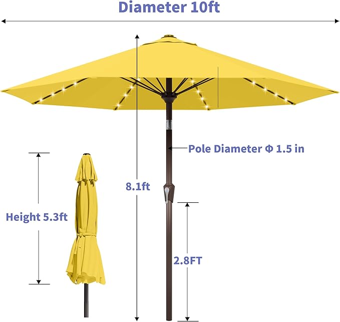 Kingdura 10FT Outdoor Patio Umbrella with Solar Lights, Market Table Umbrella with Push Button Tilt & Crank, 8 Sturdy Ribs, 32 LED Lights, UV Protection for Garden Lawn Deck Backyard Pool (Yellow)