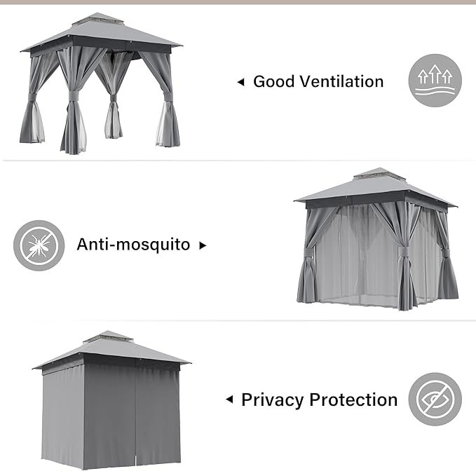 LAUSAINT HOME 8'x8' Outdoor Gazebo, Metal Frame Heavy Duty Patio Canopy Tent Shelter with Double Roofs, Mosquito Nettings and Privacy Screens for Backyard, Garden, Lawn, Steel Gray