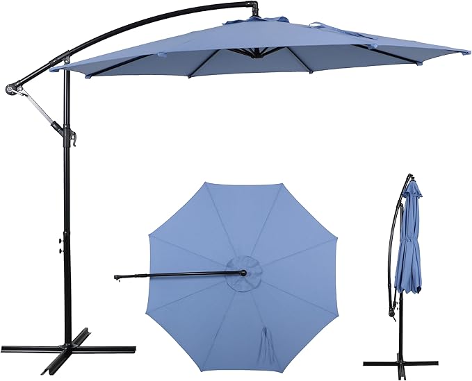 10FT Offset Patio Umbrella, Cantilever Hanging Umbrella with Infinite Tilt, Fade-Resistant Water-Repellent Canopy & Cross Base for Yard, Garden & Deck