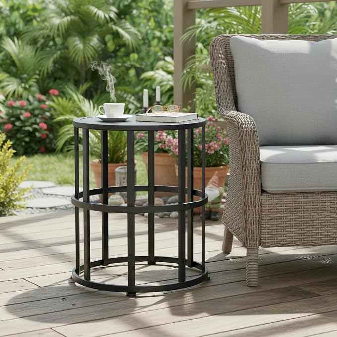 Black Metal Round Patio Side Table, Open Cylinder Slatted Outdoor End Table, Weather Resistant Iron Accent Drink Table for Backyard Garden Porch Poolside, Modern Indoor & Outdoor Pedestal Side Table