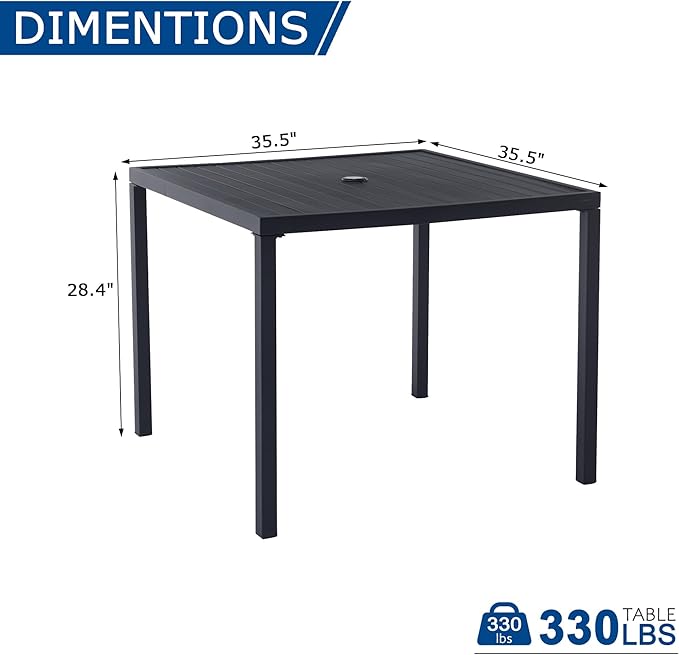 Square Outdoor Dining Table for 4, Metal Patio Dining Table with Umbrella Hole for Garden, Backyard and Deck, Black