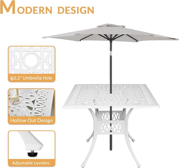 5-Piece Outdoor Patio Dining Set, All-Weather Cast Aluminum Patio Furniture Set with 4 Chairs and 35.4" Square Table for Backyard Garden Deck, 2" Umbrella Hole, White