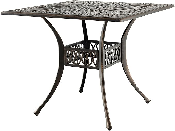 Giantex Patio Dining Table, Cast Aluminum Outdoor Table for 4 Persons, Heavy-Duty Structure, Adjustable Footpads, All-Weather Square Umbrella Table with Hole, 35.4" Lx35.4 Wx29.5 H