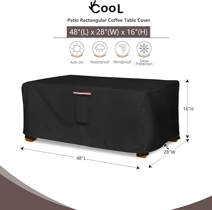 Outdoor Coffee Table Cover,Waterproof Rectangular Patio Small Side Table Cover,48 x 28 x 16 inch, Outdoor Table Covers Waterproof Rectangle,Black