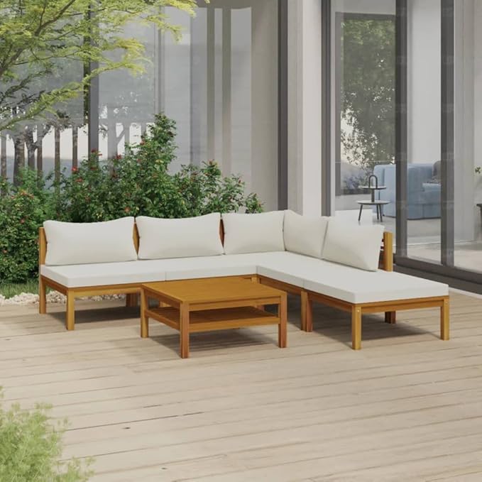 Patio Lounge Set with Cream Cushion,Patio Furniture Sets,Patio Conversation Sets,Outdoor Furniture Sets,for Garden,Backyard,Outdoor,6 Piece Solid Acacia Wood