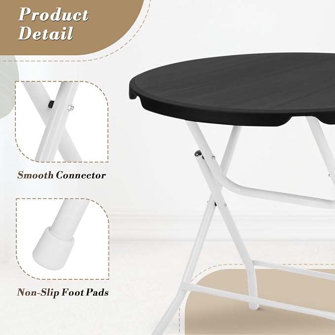 Athena Collection 2.6ft Folding Table, Portable Plastic Round Table Collapsible Card Craft Table with Steel Legs for Indoor Outdoor, Foldable Utility Dining Table for Commercial Camping Party, Black