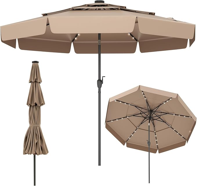 Tangkula 10 FT Solar LED Patio Umbrella, 3-Tiers Scalloped Outdoor Table Market Umbrella with 32 LED Lights, Tilt Adjustment, Crank, 8 Sturdy Ribs for Pool, Deck, Backyard (Tan)