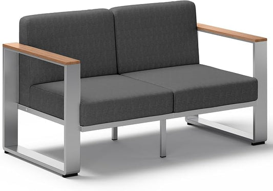 Aluminum Outdoor Patio Furniture, 1 Piece Loveseat, All-Weather Outside Sofa for Deck, Porch (Teak-Charcoal)