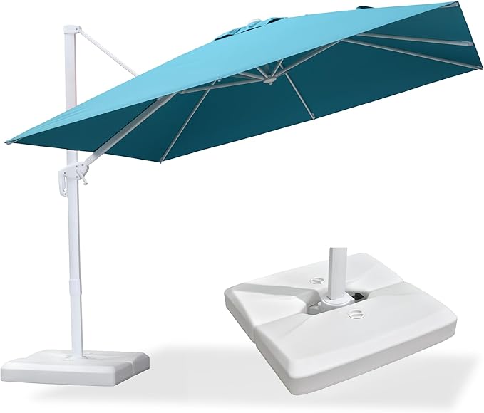 PURPLE LEAF 10 FT Patio Umbrella With Base White Cantilever Umbrella Square Outdoor Offset Umbrella Windproof with 360° Rotation for Garden Deck Pool, Turquoise