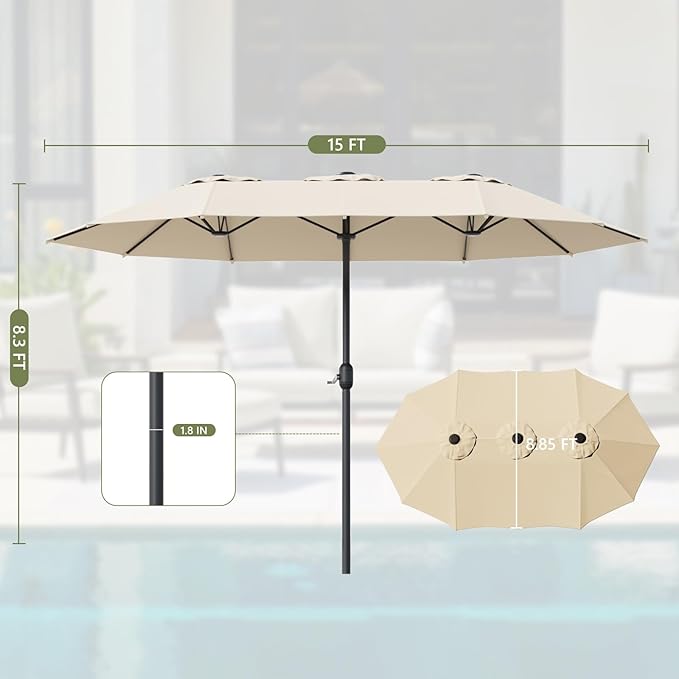 15ft Double-Sided Outdoor Patio Umbrella, Table Umbrellas with Steel Ribs, Easy Crank, Market Umbrella for Backyard & Pool
