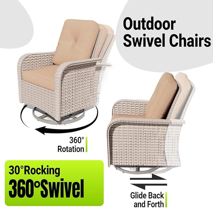 16 Pieces Patio Furniture Set with Fire Pit Table, Outdoor Sectional Wicker Sofa with Thick Cushions, High Back Swivel Rocker Patio Chairs, Rattan Conversation Set with Coffee Table, Khaki
