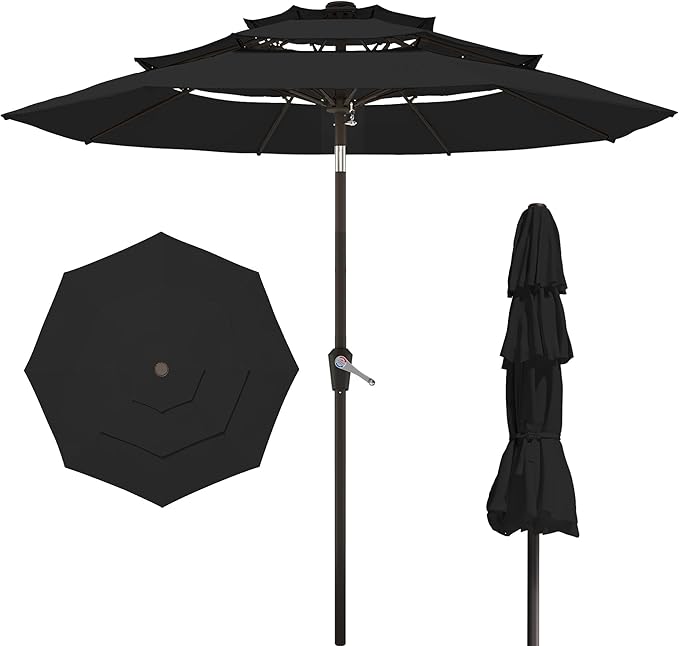 PatioKingdom 9ft 3-Tier Patio Market Umbrella with Crank/Tilt, Commercial Heavy Duty Wind Proof,Outdoor Table Umbrella with 8 Fiberglass Ribs,UPF50+ for Deck,Pool,Garden,Backyard (Black)