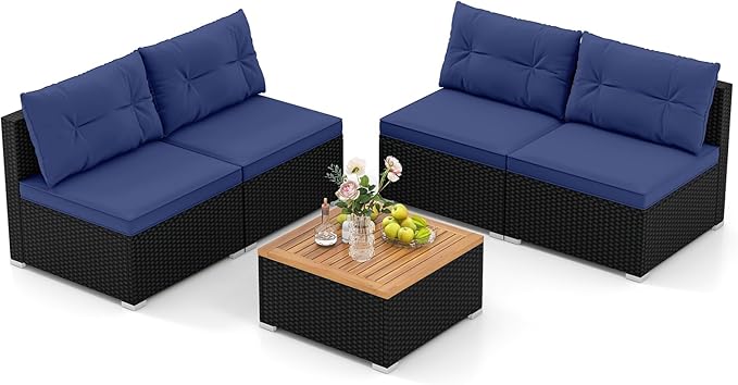 5 Pieces Patio Furniture Set, Outdoor Sectional Sofa with Acacia Wood Coffee Table & Cushions, Wicker Patio Conversation Set for Porch, Deck, Balcony, Poolside & Backyard (Navy Blue)