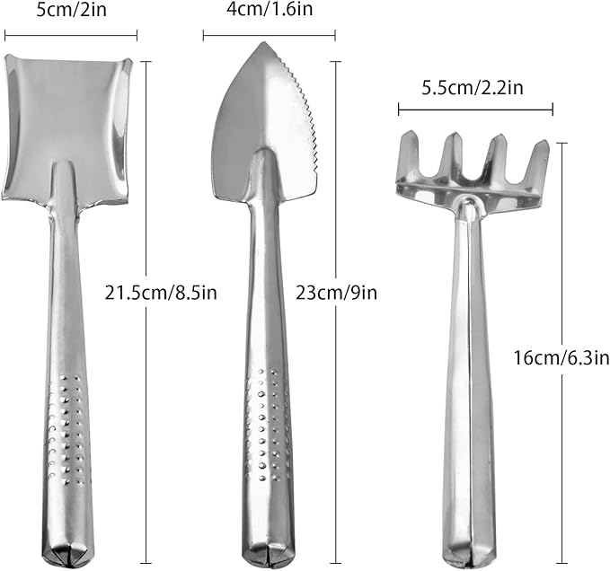 3 Pieces Mini Garden Tools Set, Stainless Steel Shovel Rake Spade Gardening Kit Lightweight Hand Trowel Transplant Trowel Hand Rake for Loose Succulents Potted Flower Seedling Soil
