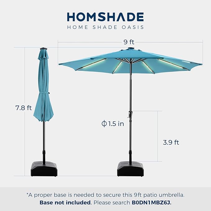 HOMSHADE 9ft Solar Patio Umbrella - Solar Lights LED Lighted UPF50+ UV Protection Umbrella, Outdoor Market Table Umbrella with Push Button Tilt, Crank for Pool Deck and Garden (Light Blue)