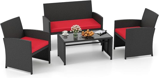 Tangkula 4 Pices Patio Wicker Furniture Set, Outdoor Heavy Duty Rattan Cushioned Chairs, Loveseat and Tempered Glass Coffee Table, for Backyard, Balcony, Poolside