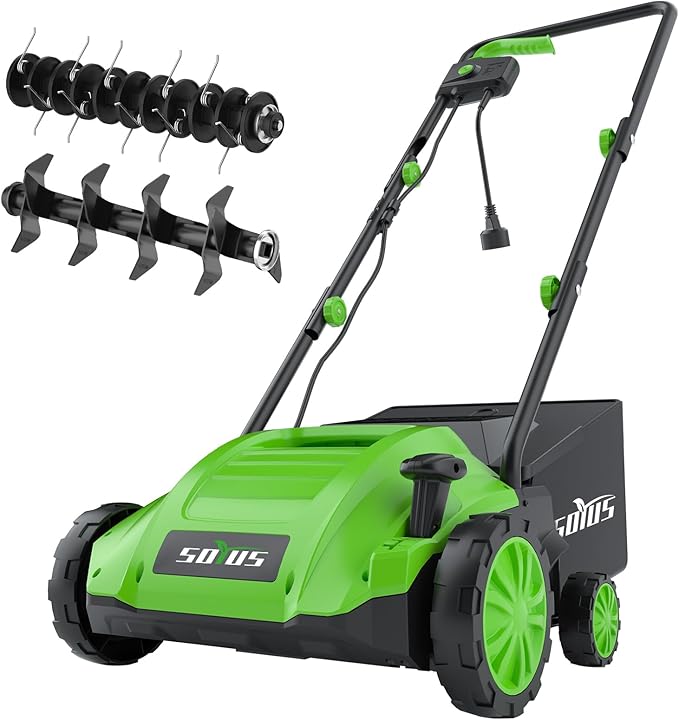 SOYUS 13-Inch Electric Lawn Dethatcher and Scarifier with 8 Gal Thatch Bag - 12-Amp Corded Walk Behind Thatch Removing Machine for Lawn Garden Care
