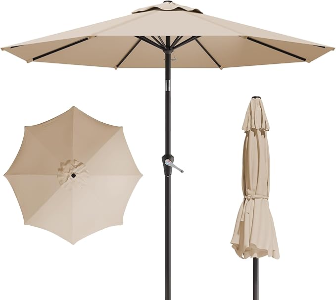 10FT Patio Umbrella, Outdoor Umbrella with Push Button Tilt and Crank, 8 Sturdy Ribs, UV Protection & Waterproof Market Umbrella for Pool, Backyard, Beach,Deck (Beige)
