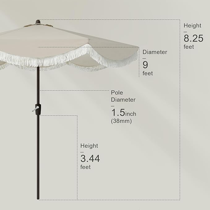 Tempera 9ft Auto Tilt Scalloped Patio Umbrellas with Fringe, Outdoor Table Umbrellas with Fade Resistant Canopy, 8 Sturdy Rids, Luxurious Vintage Umbrellas for Lawn, Pool, Deck, Balcony