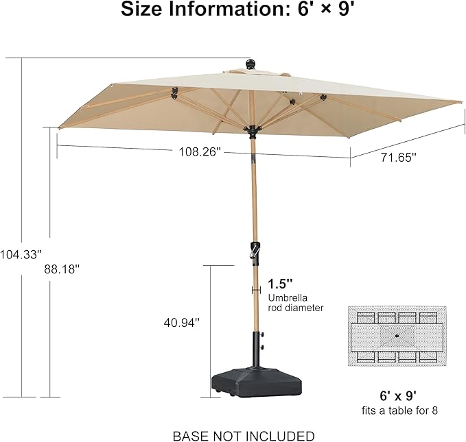 PURPLE LEAF 6' x 9' Patio Umbrella Rectangular Outdoor Market Table Umbrella with 8 Aluminum Sturdy Ribs & Push Button Tilt and Crank Outdoor Umbrellas for Lawn Garden Patio, Beige