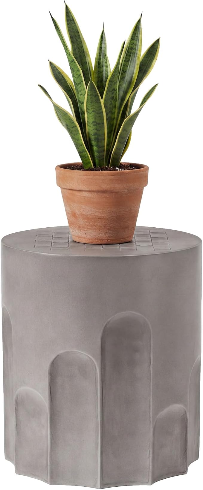 COSIEST Outdoor Side Table, 16.9" Modern Concrete End Table w Chessboard for Patio,Lightweight Round Outside Accent Table & Plant Stand for Garden, Porch, Deck, Balcony，Grey
