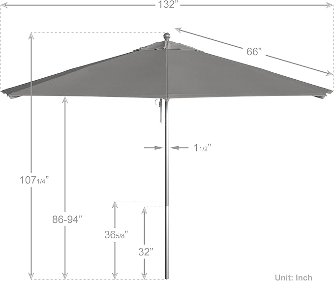 California Umbrella 11Ft Commercial Grade Sunbrella Fabric Market Umbrella, Pulley Lift, Aluminum/Fiberglass, 2mm pole wall, Silver Frame, Granite Fabric
