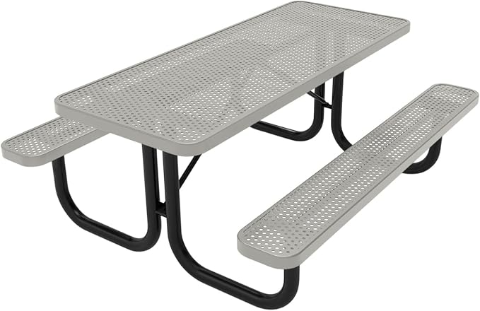 COATEDOUTDOORFURNITURE Heavy-Duty Portable Outdoor Picnic Table, Thermoplastic Coated Punched Steel Commercial-Grade Patio Dining Furniture Made in America (6ft Rectangular, Textured Grey)