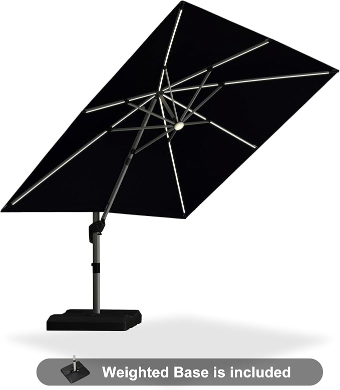 PURPLE LEAF Patio Umbrella with base 10 Feet Outdoor Square Cantilever Umbrella Solar Powered LED with 360-degree Rotation for Garden Deck Pool Patio, Black