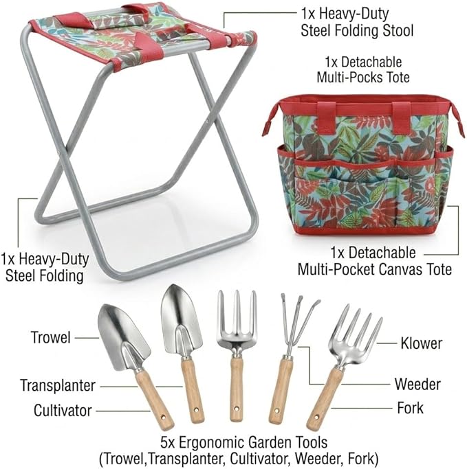7-piece Garden Tool Set with Tote and Folding Stool Seat