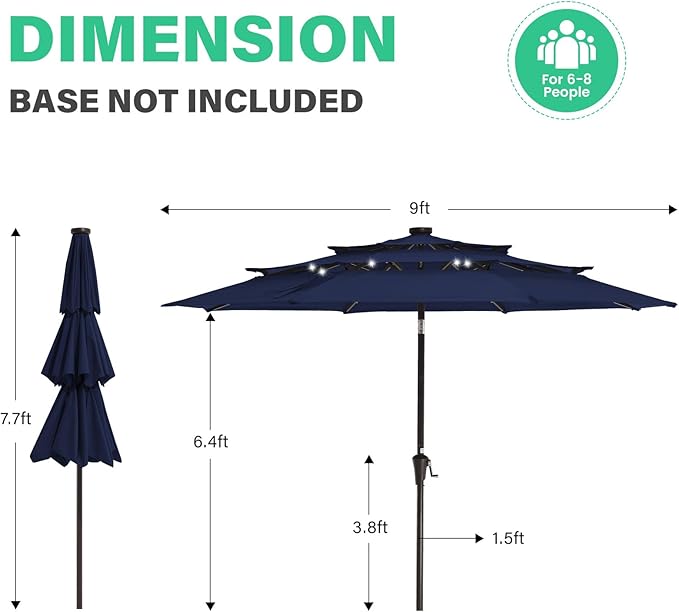 JEAREY 3 Tiers Patio Umbrella with Solar Lights 9ft Outdoor Market Table Umbrellas with Push Button Tilt for Outside Pool Garden, Navy Blue