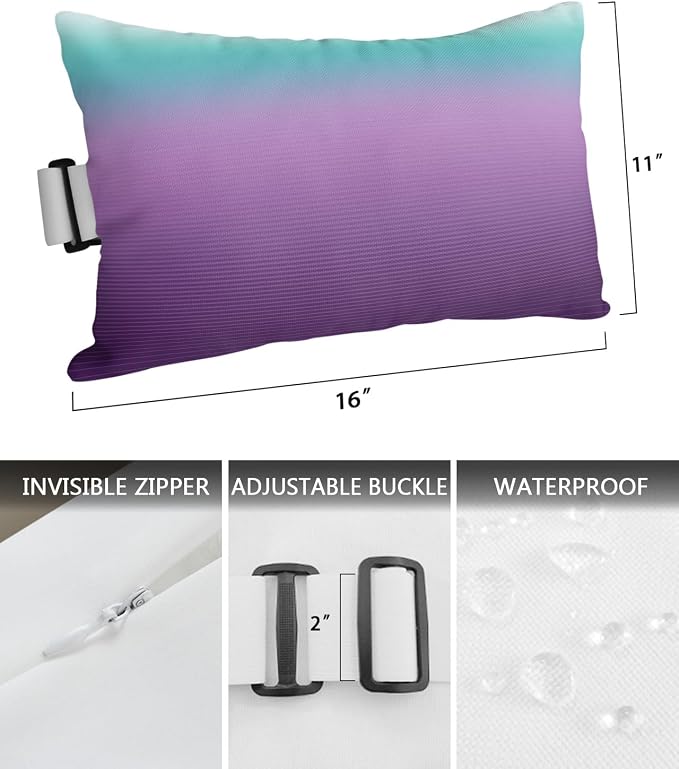 Outdoor Pillows Covers with Inserts Teal Turquoise Purple Ombre Stripe Line Gradient Waterproof Pillow with Adjustable Strap Throw Pillows for Patio Furniture Pool Lounge Chair, 11x16 Inch, 1PCS