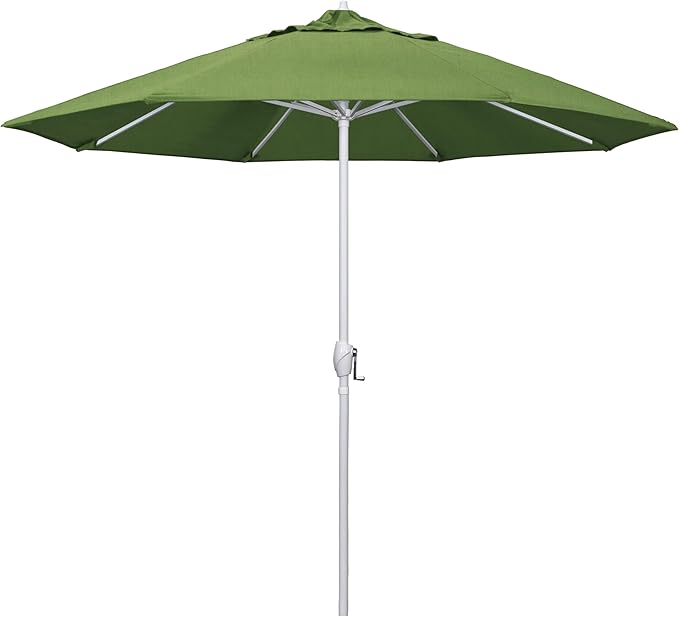 California Umbrella 12-Year Protection 9' Rd Aluminum Patio Umbrella, Crank Lift, Auto Tilt, White Finish, Sunbrella Cilantro