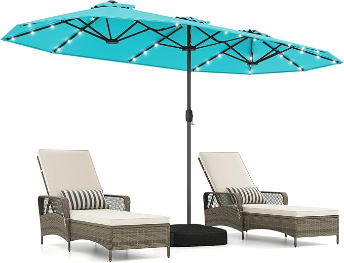Tangkula 13FT Double-Sided Solar Patio Umbrella, Extra-Large Outdoor Twin Umbrella with 36 LED Lights, Vented Top, Crank Handle, 12 Ribs, Weighted Base Included for Backyard Poolside Deck (Turquoise)