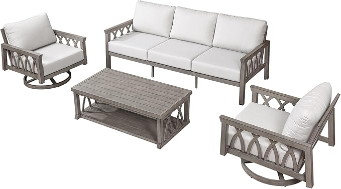 Aluminum Outdoor Patio Furniture Set, 4-Piece Patio Conversation Set with Cushions, All Weather Outdoor Sofa Set Patio Sectional Couch Set for Deck, Lawn, Poolside, Backyard, Limed Oak