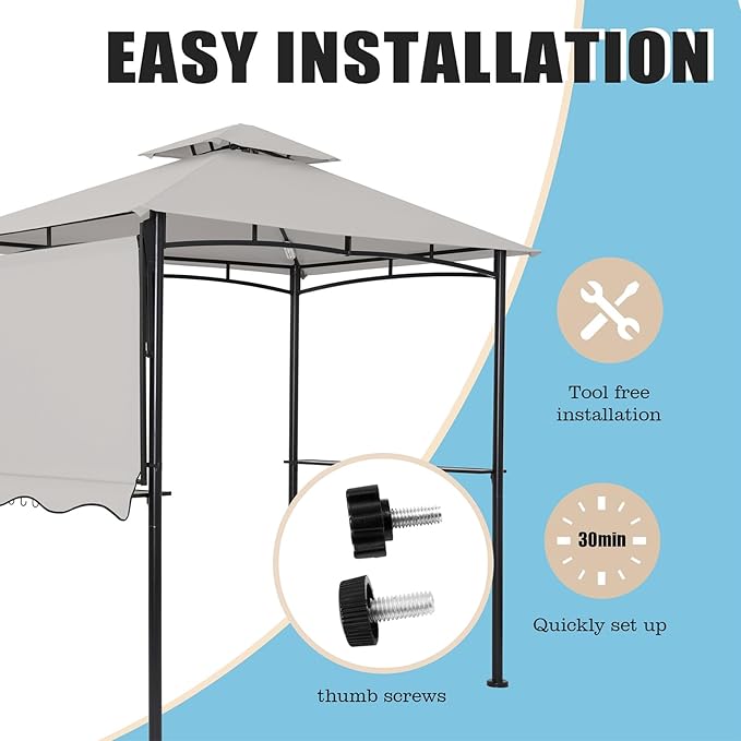 FAB BASED 5x8 Grill Gazebo with Extra Awning, All-Weather Steel Construction, Double Tiered & Resistant Canopy Roof, Metal Serving Shelves, 2 LED, Bottle Opener for Patio, Backyard, BBQ (Light Gray)