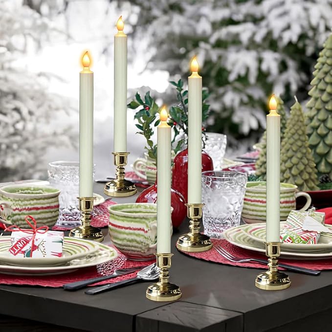 DRomance Flameless Window Candles with Remote and Timer, Battery Operated LED Taper Candles with Suction Cups Set of 6 Christmas Window Candle Holiday Decor(Gold Holders)