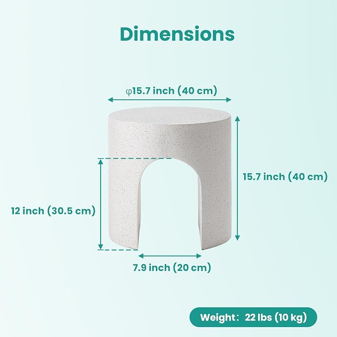 SUNBURY Outdoor Side Table, 16" W Concrete End Table w Arch Shape, Round Cement Accent Table Lightweight for Patio, Modern Decorative Garden Stool for Patio, Backyard, Spotted White