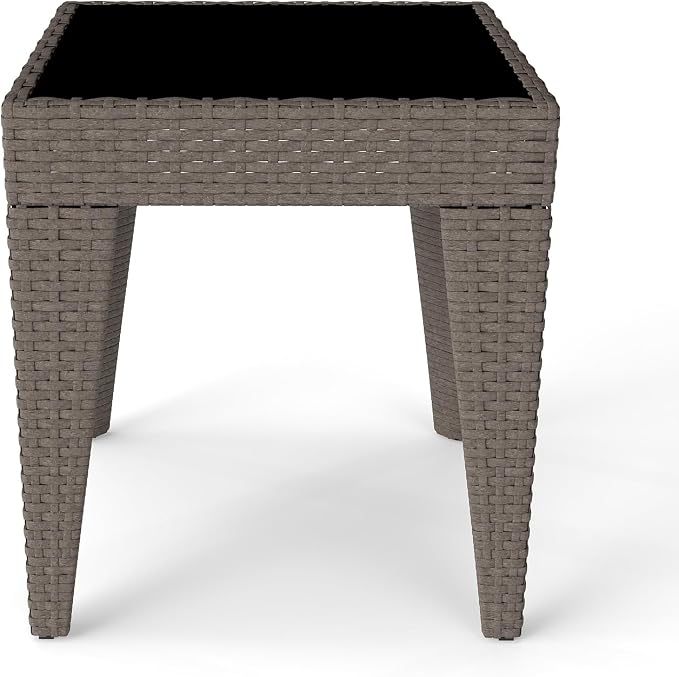 Kinfant Rattan Patio Side Table - Modern Wicker End Table, PE Rattan Coffee Table with Glass Top, Weather-Resistant Patio Furniture for Patio, Balcony, Garden, and Poolside (1, Rattan Sesan)