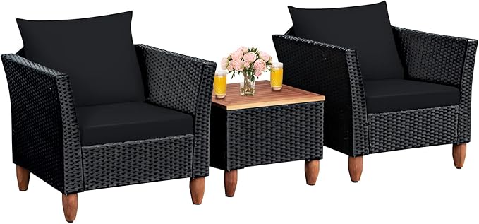 COSTWAY 3 Pieces Patio Rattan Furniture Set, Outdoor Wicker Conversation Chairs Set with Acacia Wood Coffee Table & Washable Cushion, Porch Furniture Bistro Set for Balcony, Garden, Backyard, Black