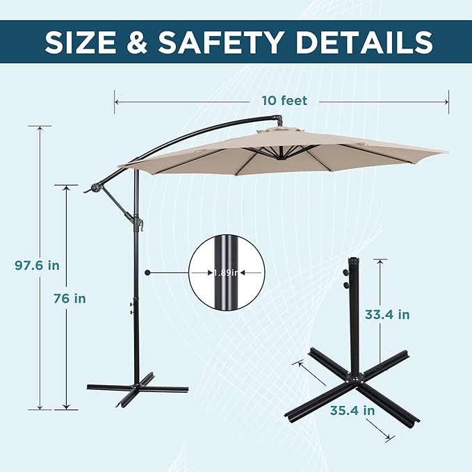 10FT Offset Patio Umbrella, Cantilever Hanging Umbrella with Infinite Tilt, Fade-Resistant Water-Repellent Canopy & Cross Base for Yard, Garden & Deck