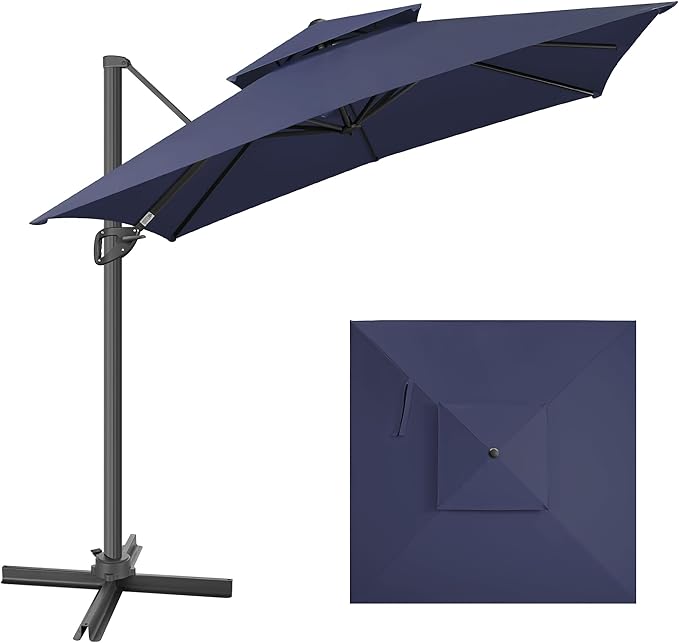 FLAME&SHADE 8.2 X 8.2 FT Square Cantilever Patio Umbrella - Large Offset Umbrella Outdoor Patio with 360-Degree Rotation and 3-Year Fade Resistance Fabric for Deck Pool Backyard Garden, Dark Blue