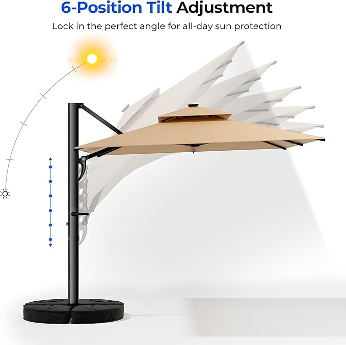 HOMSHADE 10 ft Square Cantilever Patio Umbrella with Base Included, Solar Lights Large Umbrella Outdoor Patio with 360°Rotation&Tilting, LED Lighted Offset Umbrellas w/Stand for Pool Deck