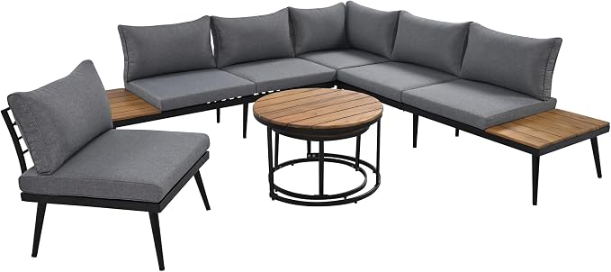 JIVOIT Outdoor Patio Sectional Sofa Set, Modern 6-Piece Conversation Set with Round Nesting Coffee Tables and Seating Sofa with Cushions for Patio, Porch and Garden (Grey * 33)
