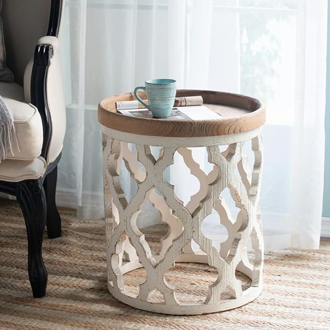 Patio Outdoor Round Side Table Rustic Farmhouse Circle End Table for Living Room Distressed White