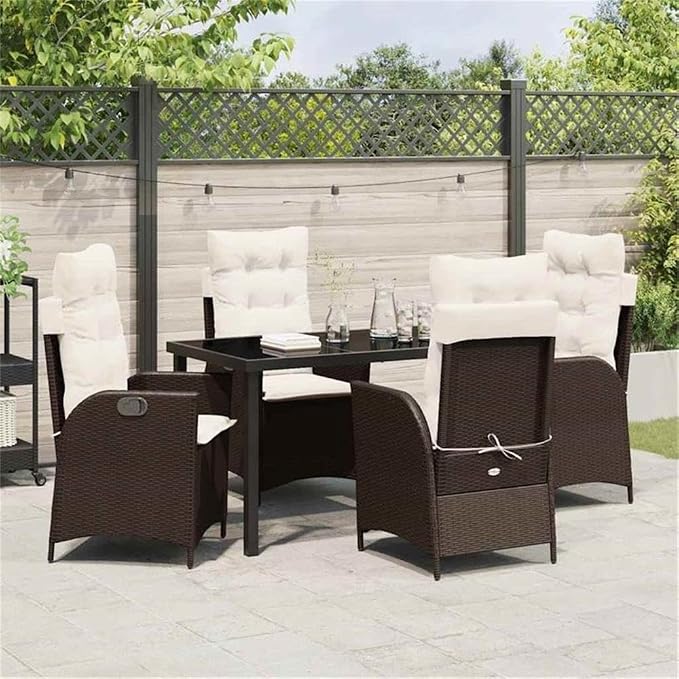 Afuera Living 5 Piece Poly Rattan Patio Dining Set, Black Finish with Cushions, Glass Tabletop, Steel Frame, Weather-Resistant Outdoor Furniture for Backyard, Porch, or Garden Dining, Seating for 4