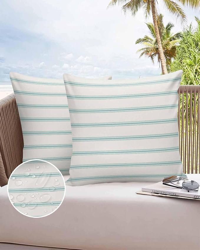 Vandarllin Outdoor Throw Pillows Covers 26x26 inch Set of 2 Waterproof Teal Blue Stripes Decorative Zippered Cushion Covers for Patio Furniture, Abstract Lines Striped Lumbar Pillowcases