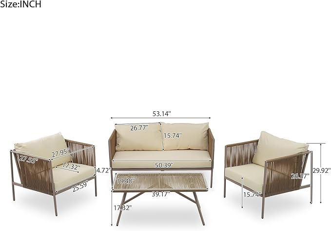 Outdoor Patio Furniture Couch Set, Rope Sofa Set with Thick Cushions and Toughened Glass Table All-Weather Wicker Sofa Conversation Set for Backyard, Beige