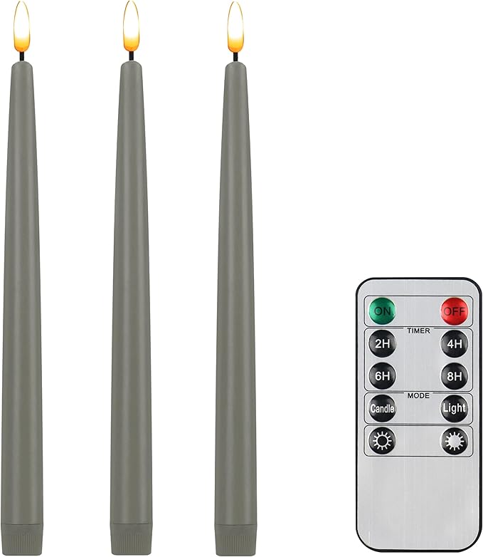 CVHOMEDECO. Flameless Taper Candles with 10-Key Remote, Battery Operated Led Flickering 3D Wick Window Candles Real Wax Finished Home Christmas Party Decor 0.78 x 11 Inch, Pack of 3, Grey