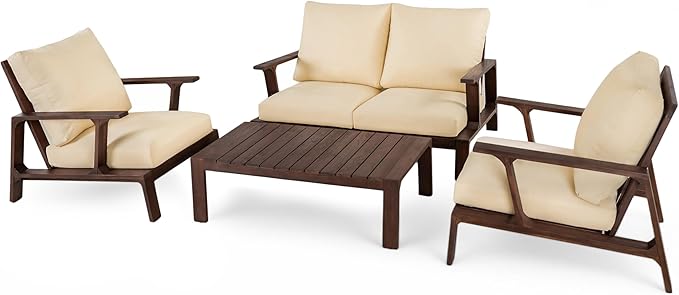 4-Pieces Acacia Wood Patio Furniture Set, All-Weather Sectional Sofa Set w/ 2 Chairs, Loveseat & Coffee Table, Outdoor Conversation Set with Cushions for Garden Backyard Porch Balcony (Brown Finish)