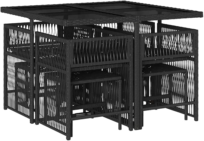 9-Piece Garden Dining Set, Black Poly Rattan Outdoor Furniture with Tempered Glass Table and 8 Cushioned Chairs, Space-Saving Foldable Patio Set for Backyard and Deck